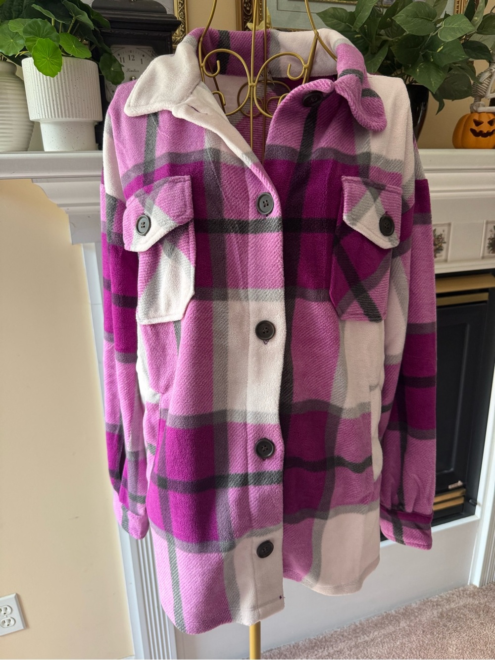 Zenana Outfitters purple Plaid Button-Down shacket NEW LARGE SOFT! Sku11
